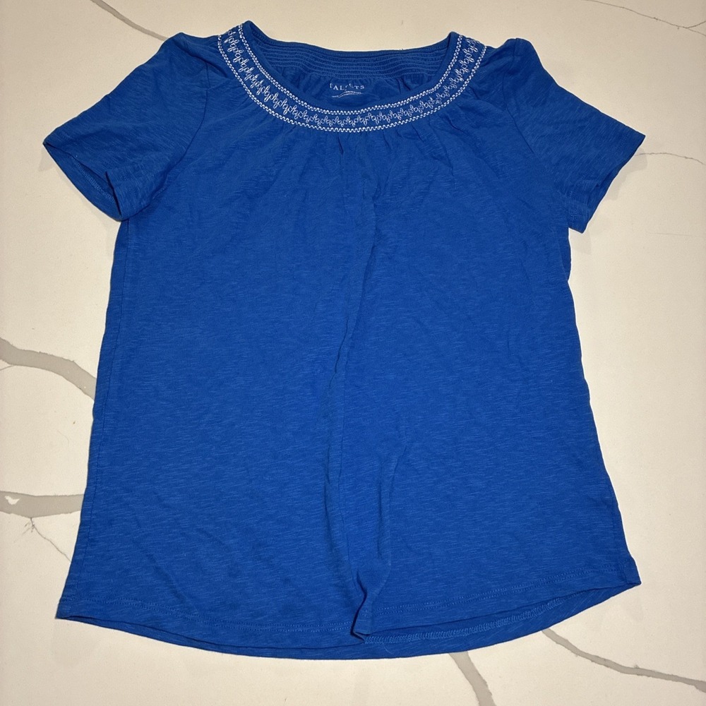Talbots Women's Blue Embroidered Peasant Short Sleeve Top Size Small 100% Cotton